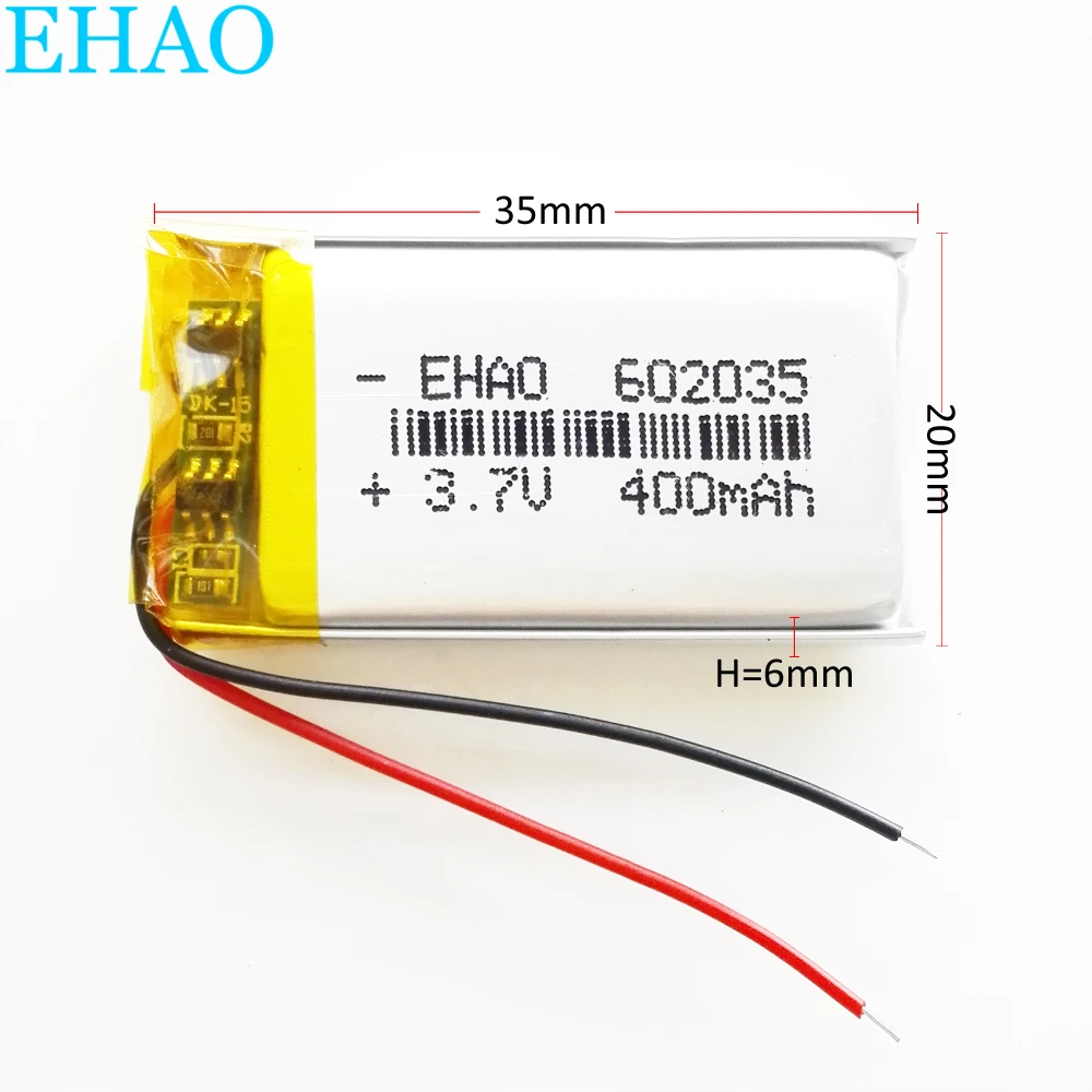 EHAO 602035 3.7 V 400mAh Lithium Polymer LiPo Dobíjecí Baterie Pro Mp3, GPS, bluetooth chytré hodinky