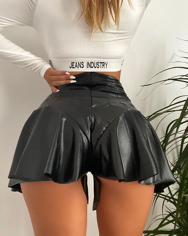 2021 Nové Ženy Sexy PU Lether Šortky Sukně Vysokým Pasem Soild Barva Šortky Party Clubwear Letní Módní A-Line Mini Sukně