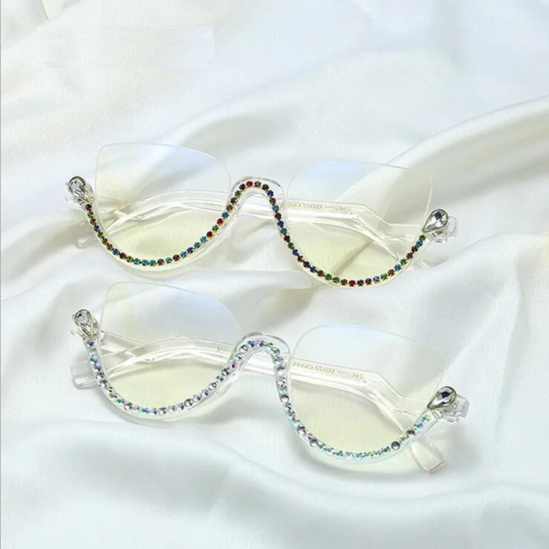 Nové Přijet Ženy Půl Rám Anti-Modré Brýle Z Jednoho Kusu Nos Pad Rám Zrcadla Trendy S Vrtačkou Diamod A97174