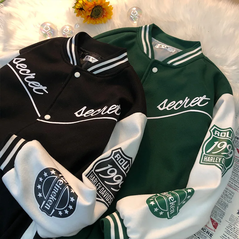 Streetwear, Hip Hop Harajuku Baseball uniformy Americké ulici podzimní zimní Baseball Bundu retro zelené páry bunda