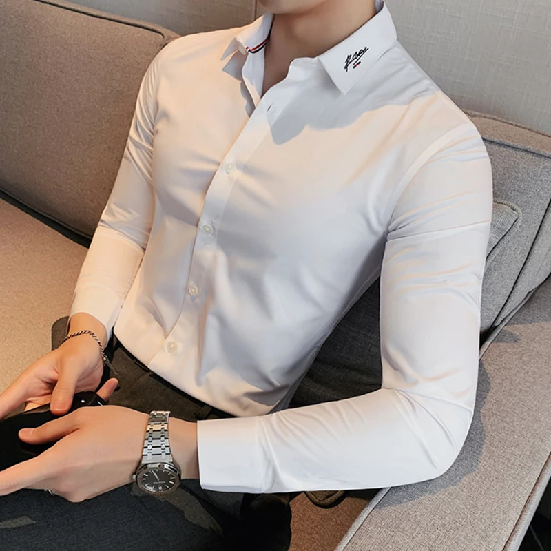 2022 Muži Obchodní Košile Výstřih Popruhy Výšivka Tričko Pánské Dlouhý Rukáv Slim Fit Sociální Košile Ležérní Ples Office 4XL topy
