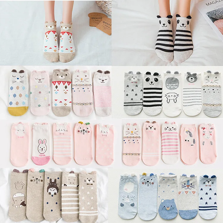 5 párů Harajuku styl roztomilé zvíře vzor cat ponožky korejský styl ženy šťastné ponožky Kawaii neviditelné print dámské ponožky