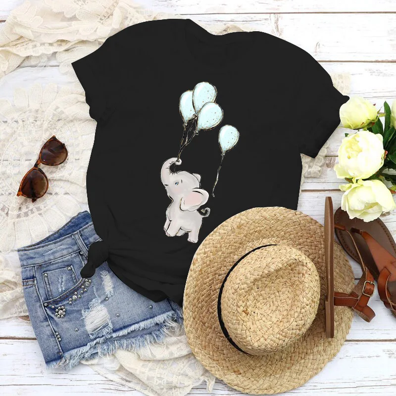 Estetické Umění O-Neck Shirt Topy Nadrozměrných Dámské Roztomilý Slon Trička Fashion Tee-Shirt Šaty Pro Ženy Černé Tričko