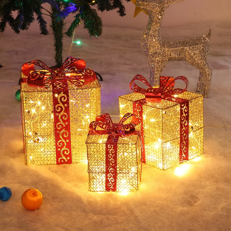3ks/set Vánoční Dekorace, Dárek, Krabice, Vánoční Ozdoba S LED Světla, Vánoční Strom Ornament Světelný Železné Nový Rok Doma